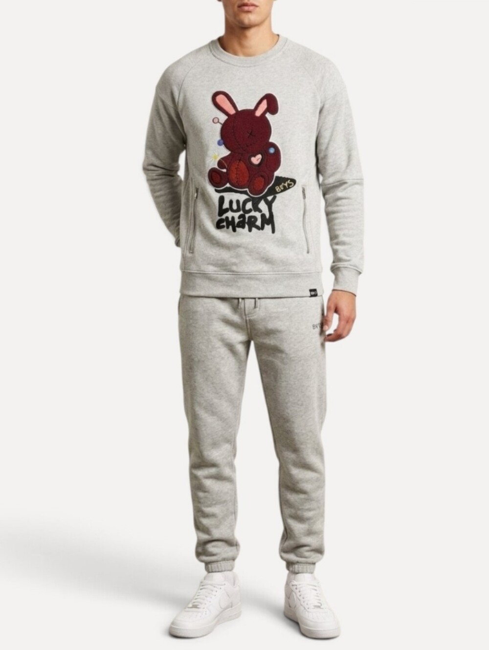 BKYS Gray Streetwear Sweatshirt Lucky Charm Bunny Patch Zippered Pockets Mens M